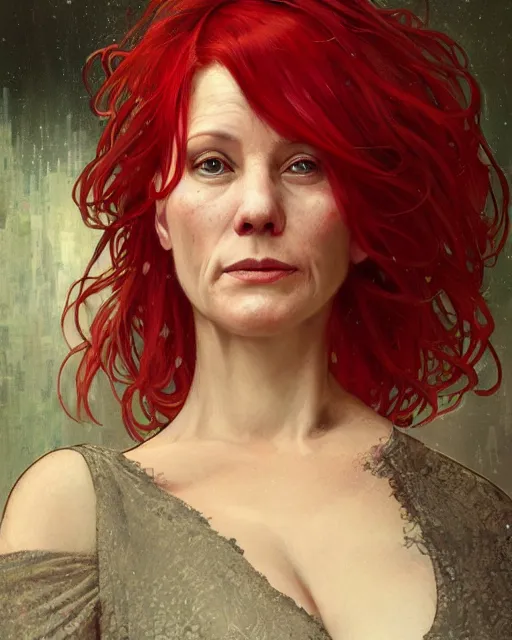 Prompt: portrait of short and plump 5 0 - year - old woman with red hair and a kind face, wearing dress, hyper realistic face, beautiful eyes, close up, fantasy art, in the style of greg rutkowski, intricate, alphonse mucha, hyper detailed, smooth