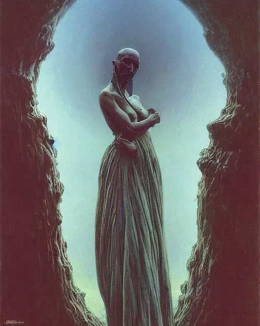 Image similar to the creature seen at the end of a human's life, painted by zdzislaw beksinski and artgerm and greg rutkowski and alphonse mucha