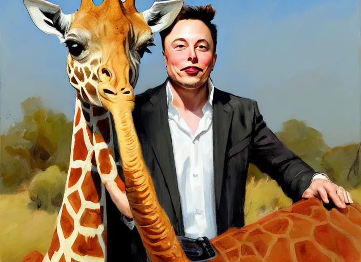 Prompt: a highly detailed beautiful portrait of elon musk with a giraffe, by gregory manchess, james gurney, james jean