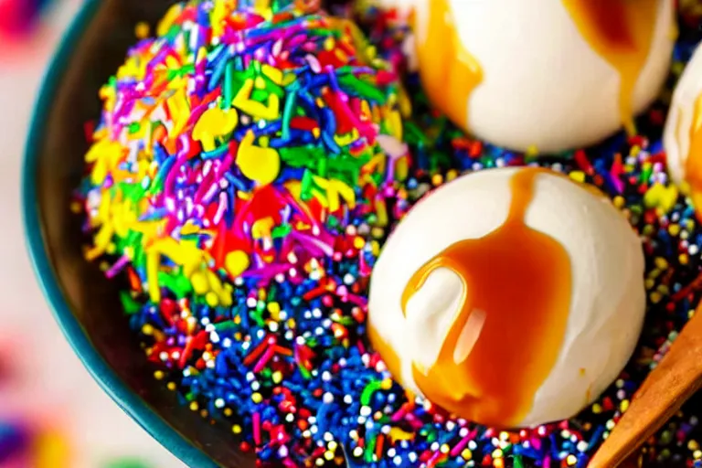 Image similar to closeup of a bowl with three balls of vanilla ice cream covered with caramel sauce and colorful sprinkles. Highly detailed.