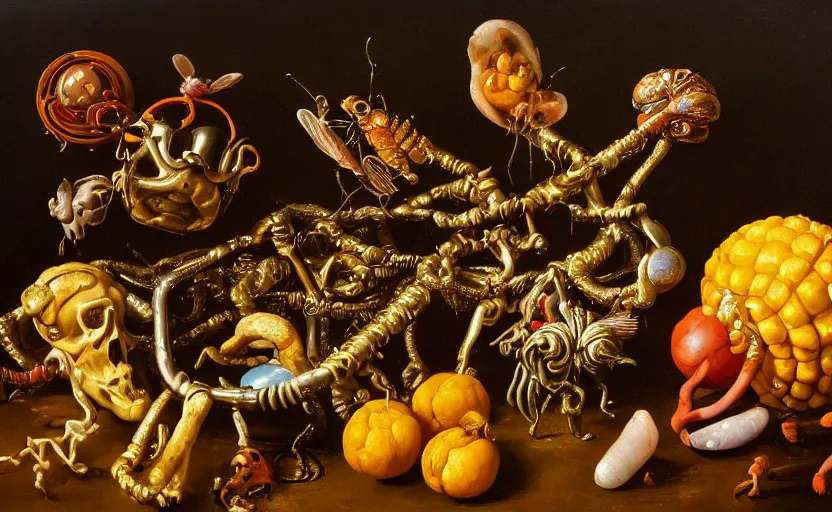 Image similar to disturbing colorful oil painting dutch golden age vanitas still life with bizarre objects strange gooey surfaces shiny metal bizarre insects rachel ruysch dali todd schorr very detailed perfect composition rule of thirds masterpiece canon 5 0 mm, cinematic lighting, photography, retro, film, kodachrome