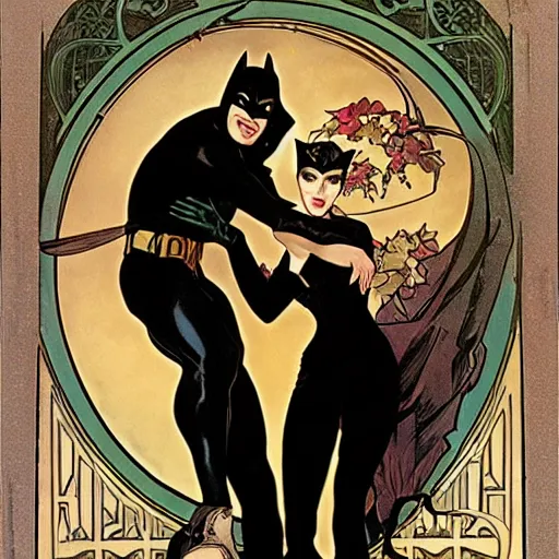 Prompt: portrait of catwoman and batman by Alphonse Mucha