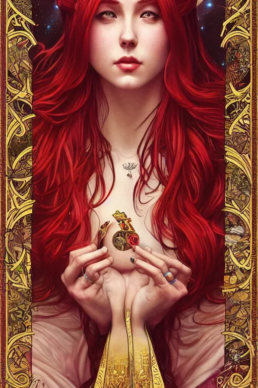 Image similar to a full body tarot card of the red haired thick empress of eternity, space, universe, portrait, highly detailed, deep focus, elegant, digital painting, smooth, sharp focus, illustration, ultra realistic, 8 k, art by artgerm and alphonse mucha