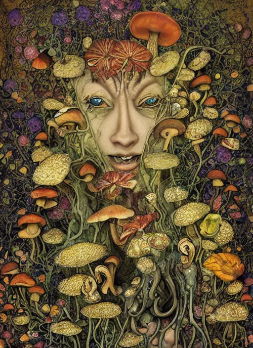 Prompt: arabesques grotesque painting with mushrooms, dandelions, crystals, faces, by james jean and hiroshi yoshida and brian froud, photo, textured