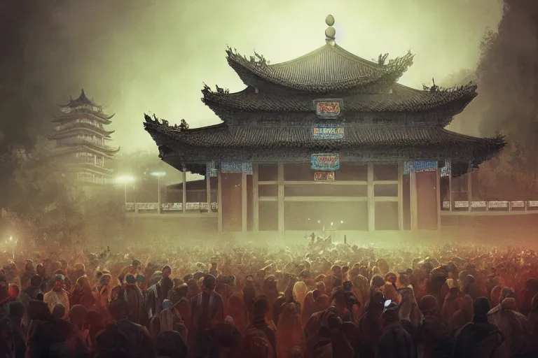 Image similar to crowds on programmers are marching to chinese palace, dark atmosphere, light above palace, digital art, trending on artstation