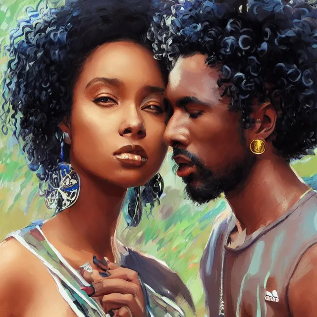 Image similar to a beautiful black woman, kissing the cheek of a somali man with long curly hair, wearing adidas clothes, portrait, elegant, intricate, digital painting, artstation, concept art, smooth, sharp focus, illustration, art by konstantin korovin and daniel f. gerhartz and john howe