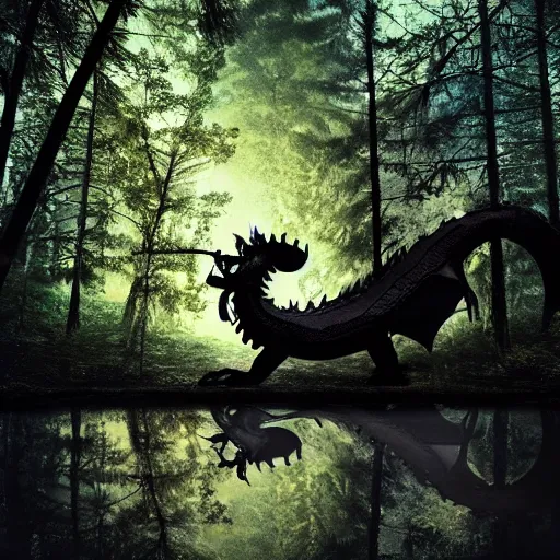 Image similar to a dragon emerging from a pool of oil, photograph taken in a dark forest