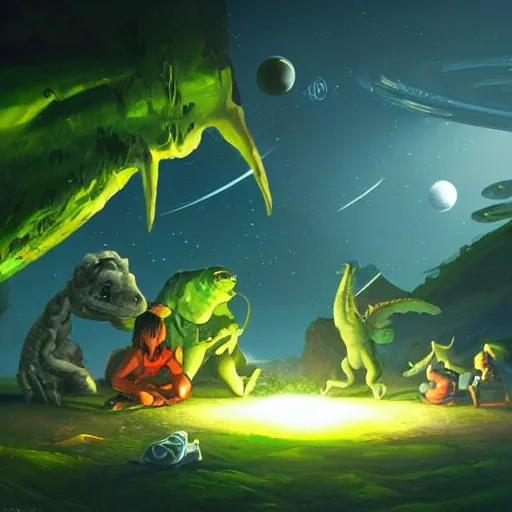 Image similar to Astronauts are having a picnic with green aliens and some dinosaurs on saturn's ring and saturn is as background, by Jordan Grimmer digital art, trending on Artstation,