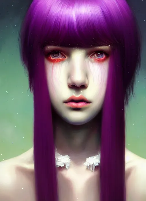 Image similar to hair whitebangs hair, black hair, whitebangs, portrait of teenage girl with white bangs, red irises, purple clothes, white bangs, bangs are different color from hair, intricate, elegant, glowing lights, highly detailed, digital painting, artstation, concept art, smooth, sharp focus, illustration, art by wlop, mars ravelo and greg rutkowski