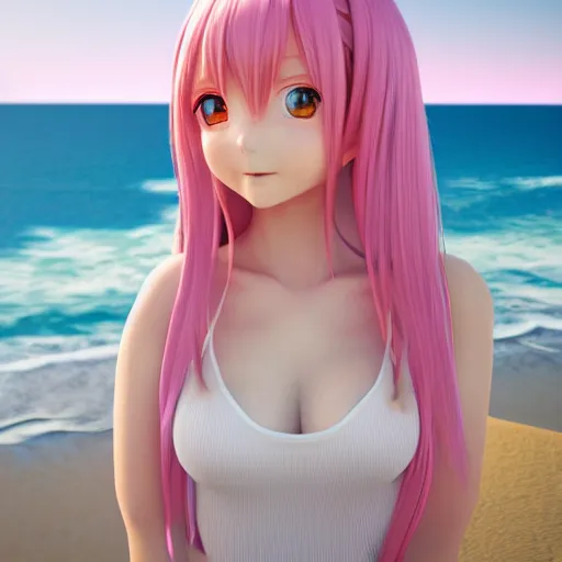 Prompt: Render of a beautiful 3d anime woman, long pink hair, hazel eyes, cute freckles, full round face, soft smile, cute sundress, golden hour, serene beach setting, medium shot, mid-shot, hyperdetailed, trending on Artstation, Unreal Engine 4k