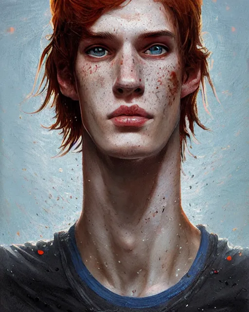 Image similar to portrait of tall, thin, 1 5 - year - old boy with a long nose, a lot of freckles, fiery red hair, and bright blue eyes, hyper realistic face, beautiful eyes, fantasy art, in the style of greg rutkowski, intricate, hyper detailed, smooth