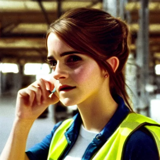 Prompt: photo, close up, emma watson in a hi vis vest, in warehouse, android cameraphone, as seen in 1 9 6 8 action movie, 2 6 mm,