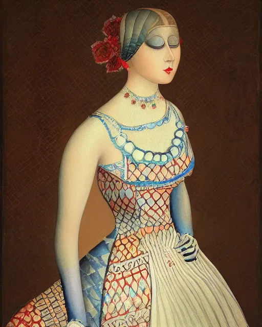 Image similar to “a painting of a female figure adorned with a dress created by calligraphic flourishes, ambient occlusion, ultra detailed, soft facial features, geometric array of shapes fading into the background, shallow depth of field, medium shot, bokeh, subtle shadows, monochromatic color scheme, pops of color, pastel tones, hd”
