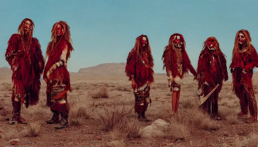 Image similar to high realistic photo portrait of esoteric tribes members with taxidermic flesh bloody jaw and elaborate red clothes in the desert, eastmancolor, heavy grain, high quality,