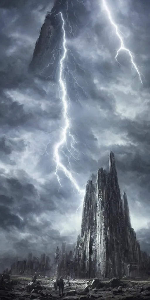 Prompt: giant medieval monolith concept art, very very very very tall, dramatic lightning, trending on deviantart, movie still, award wining photograph