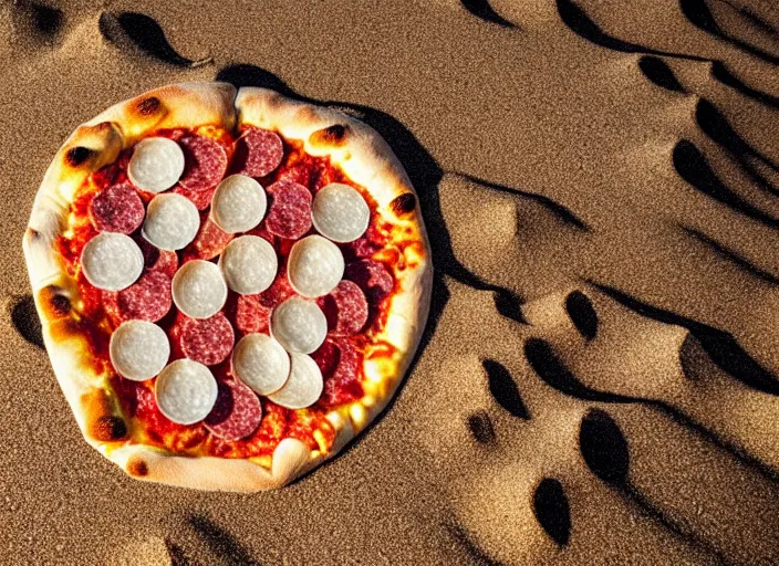 Image similar to clear highly detailed photorealistic food photograph of a pizza with salami anchovies pepperoni lying in beach sand at sunset
