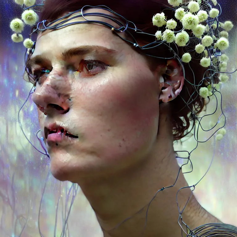 Image similar to hyperrealist realistic wonderful face portrait of a 2 0 4 4 space sport engineer, it is decorated with long wires and white flowers that fall like vines and wears a huge computer crown. by jeremy mann and alphonse mucha, fantasy art, photo realistic, dynamic lighting, artstation, poster, volumetric lighting, very detailed faces, 4 k, award winning