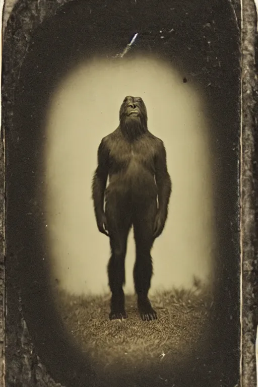 Image similar to a tintype photograph of bigfoot