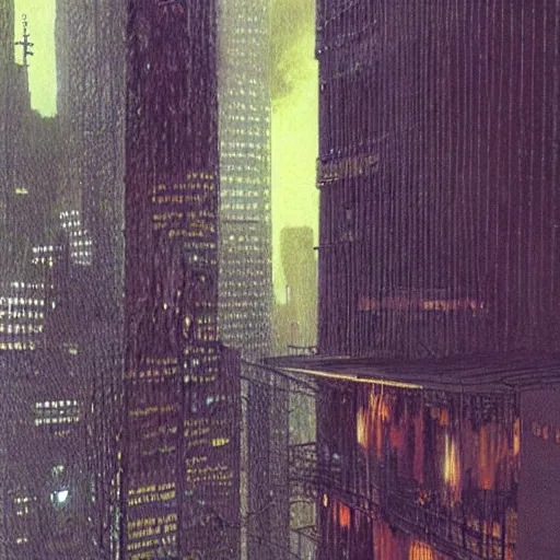 Image similar to “ a girl on a ledge overlooking futuristic new york city, ghostpunk, heavy rain, high detail, by moebius ”