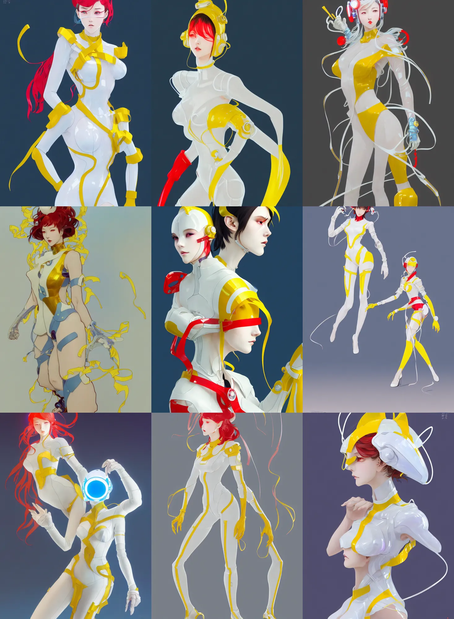 Prompt: a full body character design by loish, hong soonsang, tooth wu, zeen chin, wlop, makoto shinkai and alphonse mucha. white and yellow tape and red translucent plastic tape attctive showgirl!! sci - fi helmet with blue glowing eyes!! sharp edges. contour light!! ultra detailed, elegant, intricate, octane render.