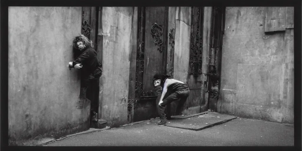 Image similar to detailed medium format photo, polaroid still from an old french movie, sleazy man trying to climb over a wall in night streets of paris, haze, high production value, intricate details, 8 k resolution, hyperrealistic, hdr, photorealistic, high definition, tehnicolor, award - winning photography, masterpiece, amazing colors