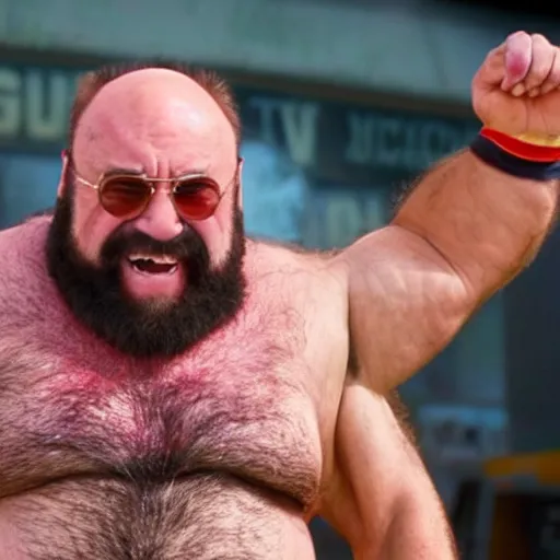 Image similar to movie still of Danny DeVito starring as zangief in the 2026 live action street fighter movie