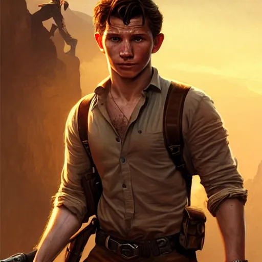 Prompt: Tom Holland as Nathan Drake, western, D&D, fantasy, intricate, elegant, highly detailed, digital painting, artstation, concept art, matte, sharp focus, illustration, art by Artgerm and Greg Rutkowski and Alphonse Mucha