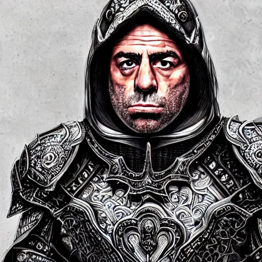 Image similar to joe rogan wearing mage armor, hyper realistic, close up, symmetrical, 4 k, highly ornate intricate details,