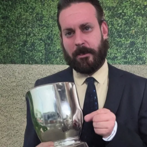 Image similar to man accidentally breaks his most pathetic man trophy.