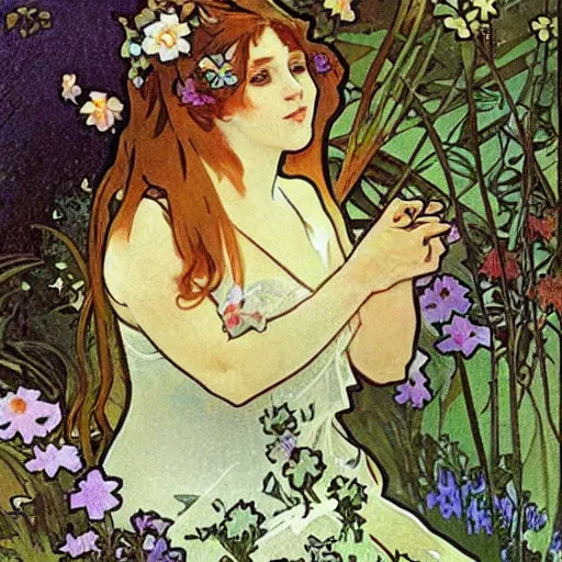 Prompt: a cute tabby cat sitting in a garden, beautiful illustration by alginate alphonse mucha