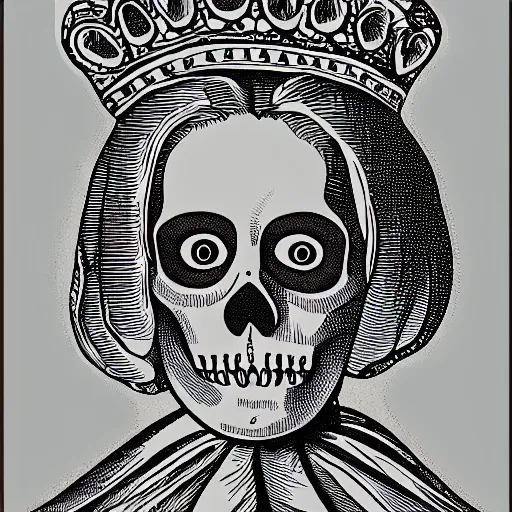 Image similar to queen victoria with a detailed line work skull over her face in screen print graphic style