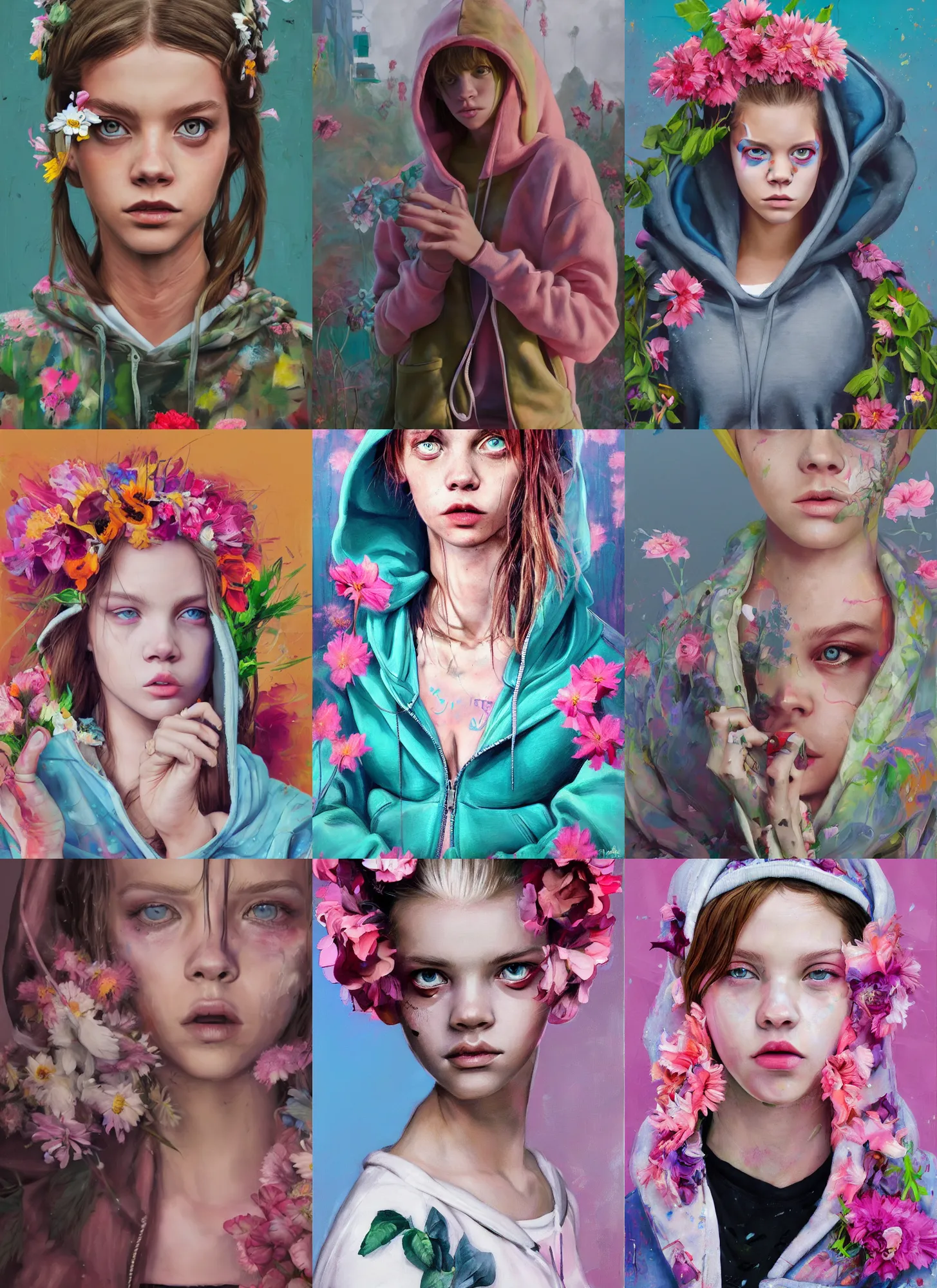 Prompt: still from music video of barbara palvin from die antwoord standing in a township street, wearing a hoodie and flowers, street clothes, full figure portrait painting by martine johanna, ilya kuvshinov, rossdraws, pastel color palette, detailed impasto brushwork