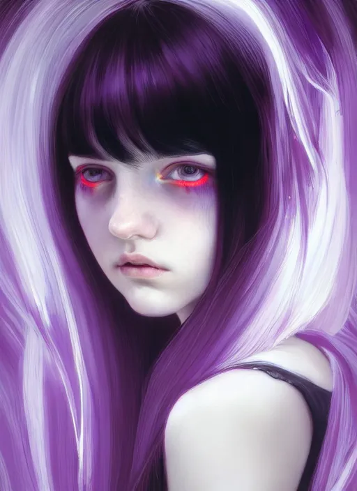 Image similar to portrait of teenage girl, red irises, bangs, black and white hair, white bangs, purple clothes, white bangs, two color hair, black hair and white bangs, intricate, elegant, glowing lights, highly detailed, digital painting, artstation, concept art, smooth, sharp focus, illustration, art by wlop, mars ravelo and greg rutkowski