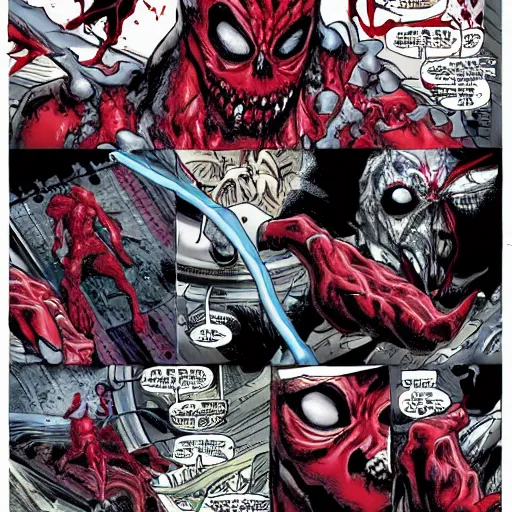 Image similar to carnage symbiote fighting dead pool in new york on a dark and stormy night