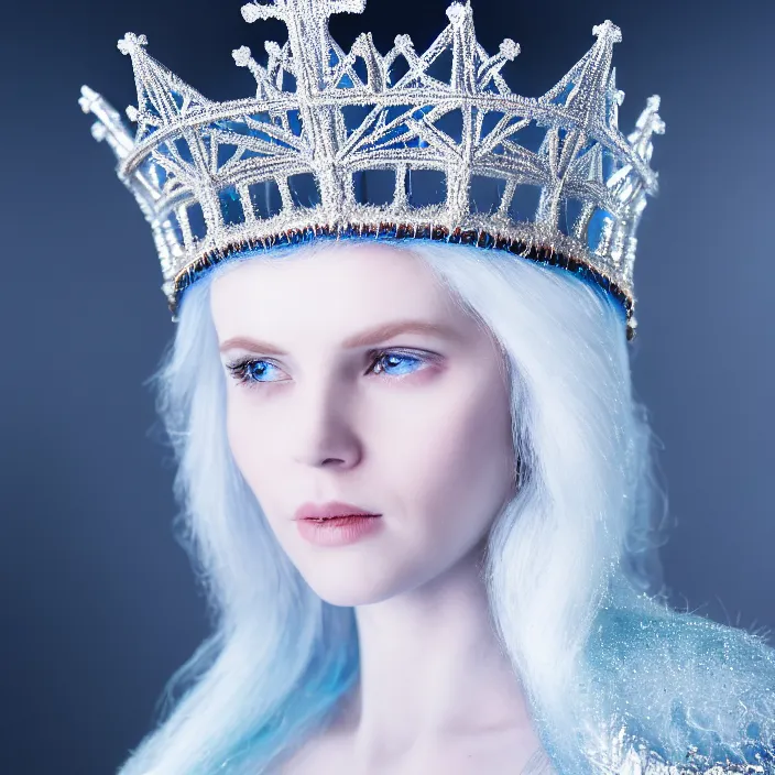 Image similar to photograph of a real-life beautiful ice queen with intricate crown and cloak. Extremely detailed. 8k