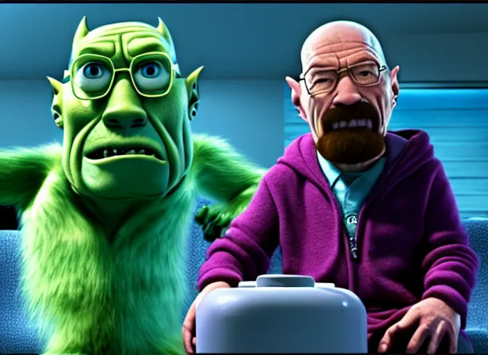 Image similar to film still of walter white as a monster in monsters, inc movie 2 0 0 1, 8 k, cinematic rule of thirds