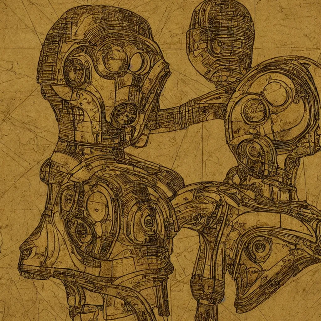 Prompt: c 3 po design schematic by leonardo da vinci, very detailed