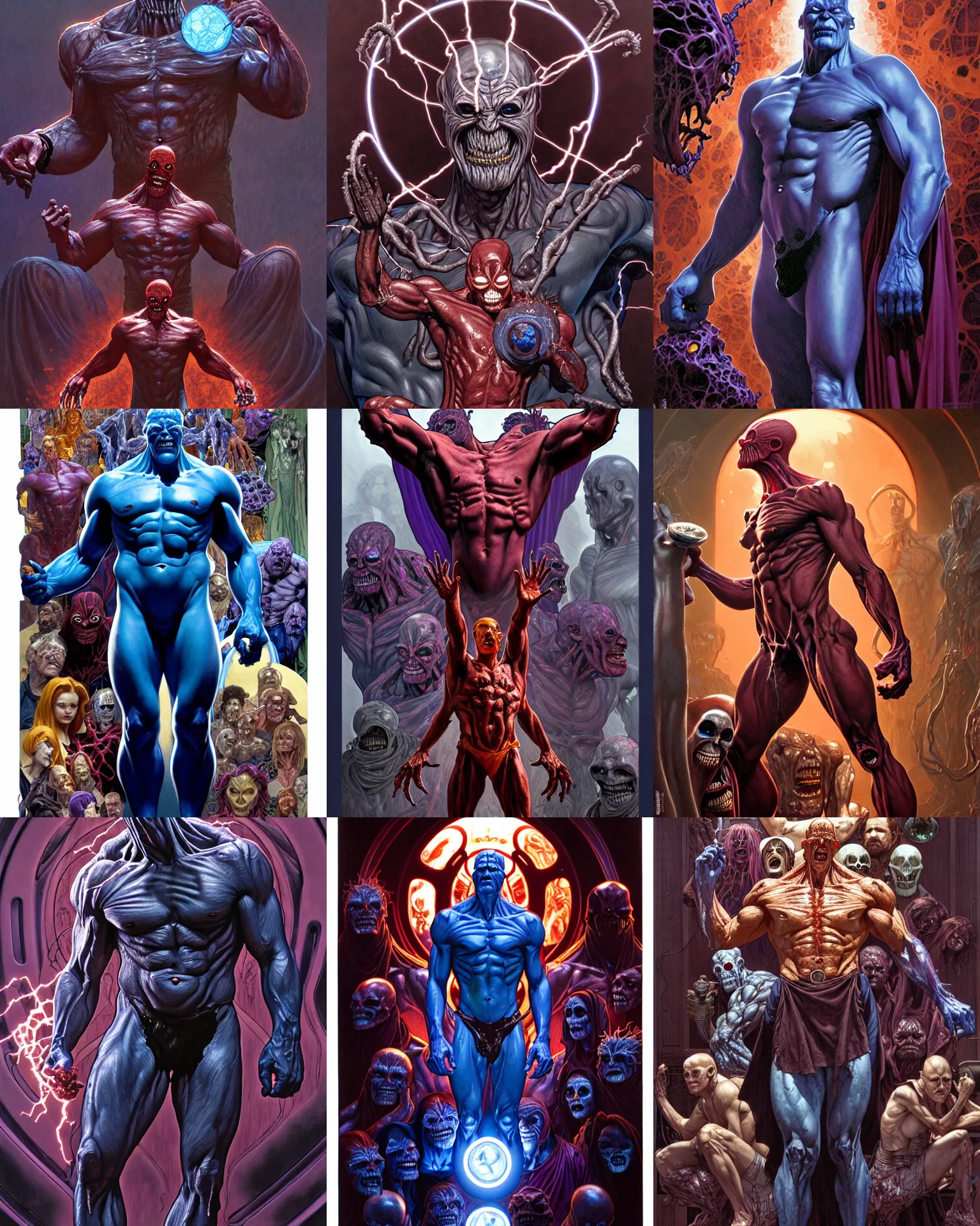 Prompt: the platonic ideal of pumping iron of cletus kasady ultimate carnage thanos dementor doctor manhattan chtulu nazgul, detailed, intricate, hyperrealism, intense, scary, decay, dmt, art by brock hofer and artgerm and greg rutkowski and alphonse mucha