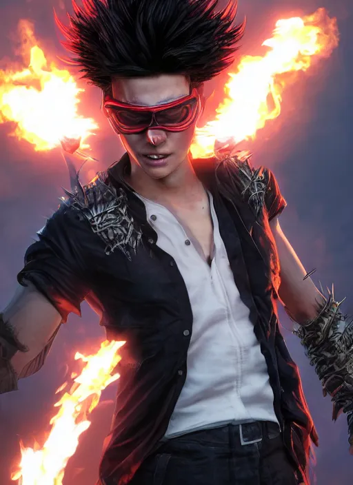 Image similar to An epic fantasy comic book style portrait painting of young man with long red spiked hair. Wearing a black waistcoat, white shirt, using googles. Blasting fire on his hands. Unreal 5, DAZ, hyperrealistic, octane render, cosplay, RPG portrait, dynamic lighting