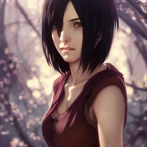 Image similar to mikasa ackerman, bokeh, beautiful face!!!!, 2 7 years old, cg animation, lifelike, animated, realistic, character select portrait, by artgerm, greg rutkowski, alphonse mucha, 3 d