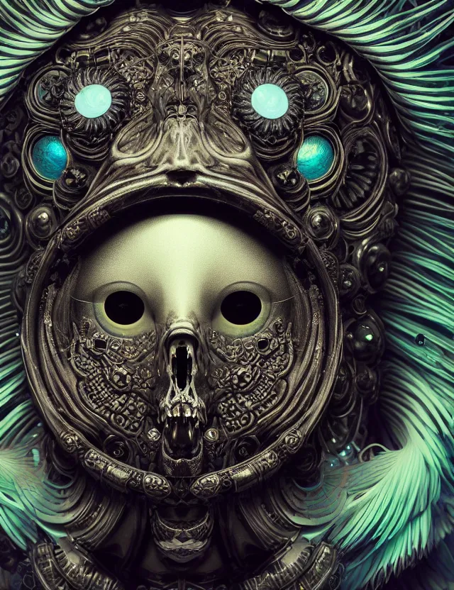 Image similar to eye of goddess macro close - up portrait with mask made of ram phoenix skull. betta fish, jellyfish, plasma, water, wind, creature, super intricate ornaments artwork by tooth wu and wlop and beeple and greg rutkowski