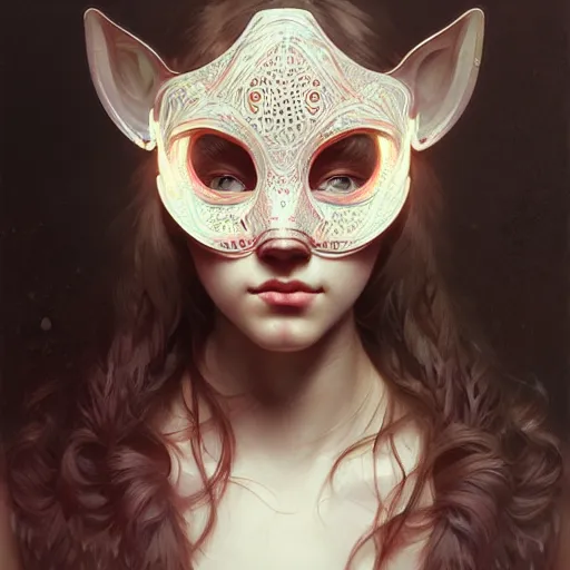 Image similar to A girl wearing a rave mask, face, detailed, intricate, elegant, highly detailed, digital painting, artstation, concept art, smooth, sharp focus, illustration, art by Krenz Cushart and Artem Demura and alphonse mucha