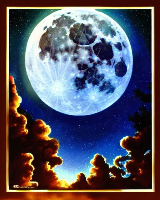 Prompt: full moon night sky background, airbrush, drew struzan illustration art, key art, movie poster