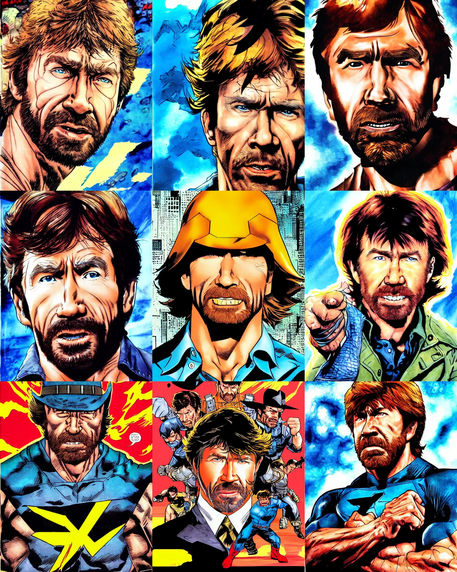 Prompt: chuck norris!!! jim lee!!! flat ink comic color very airbrushed gouache image by jim lee face close up headshot in the style of jim lee, x - men superhero comic book character by jim lee