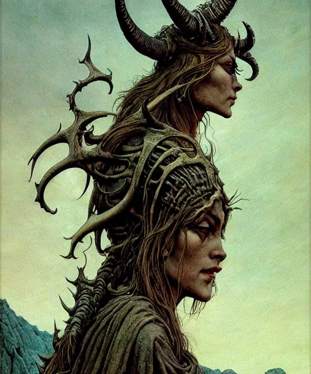 Prompt: A detailed horned dragonwoman stands among the hills. Wearing a ripped mantle, robe. Perfect faces, extremely high details, realistic, fantasy art, solo, masterpiece, art by Zdzisław Beksiński, Arthur Rackham, Dariusz Zawadzki