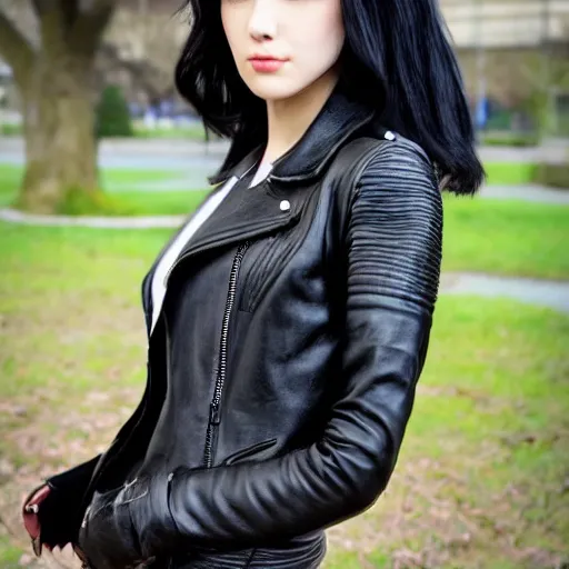 Image similar to woman with black hair and a leather jacket in a beautiful park by artgerm