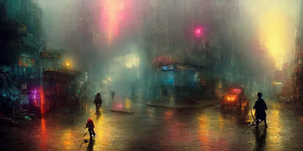 Prompt: a child scavenging in a massive dumpster containing metal and electronic scraps, extremely intense, dramatic, vibrant, cinematic view, lush cyberpunk, neon lights in the background, foggy and rainy atmosphere, pollution, detailed, by william turner and ivan aivazovsky