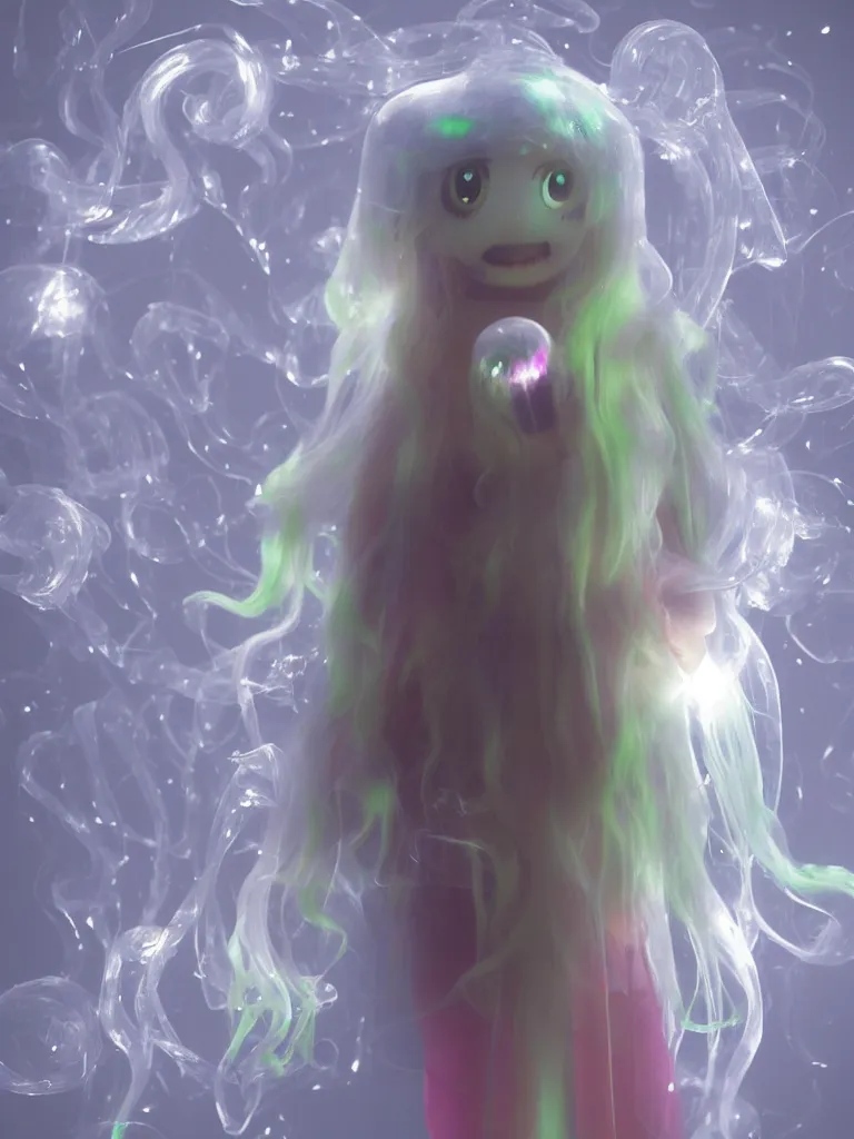 Image similar to cute fumo plush smiling ectoplasmic gothic macabre shiny jellyfish ghost girl, glowing wisps of hazy smoke, lens flare, vignette, refraction, vray