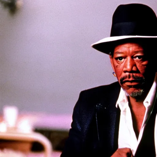 Image similar to a film still of Morgan Freeman dressed as a Pimp in a 1970s Blaxploitation film, 40mm lens, shallow depth of field, split lighting, cinematic