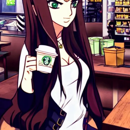 Image similar to Megan fox at Starbucks in Danganronpa anime